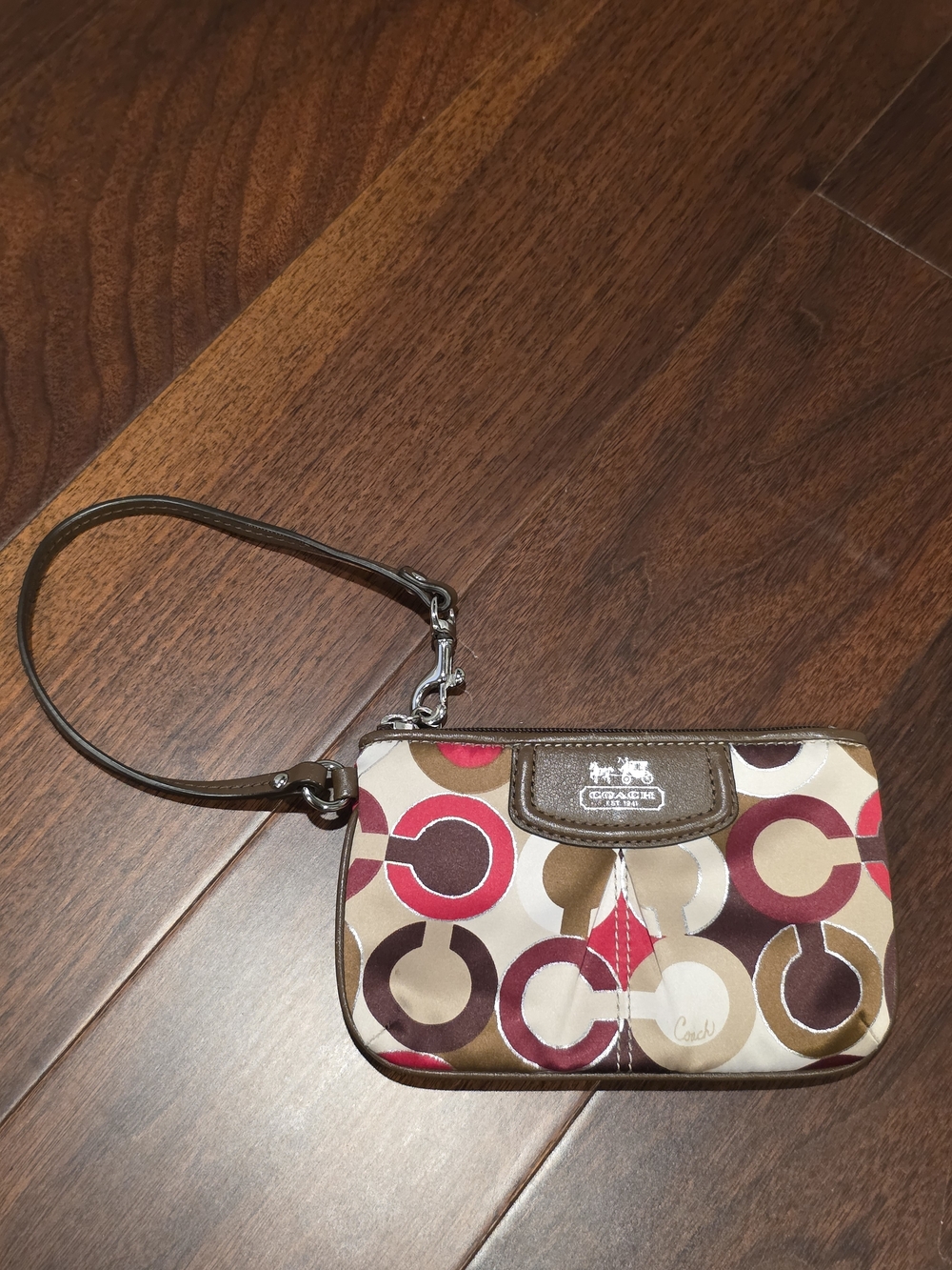 Coach Brown Red Cream Signature Circle Wristlet